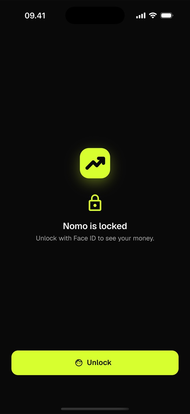 Nomoo lock screen: the app is locked, unlock with Face ID