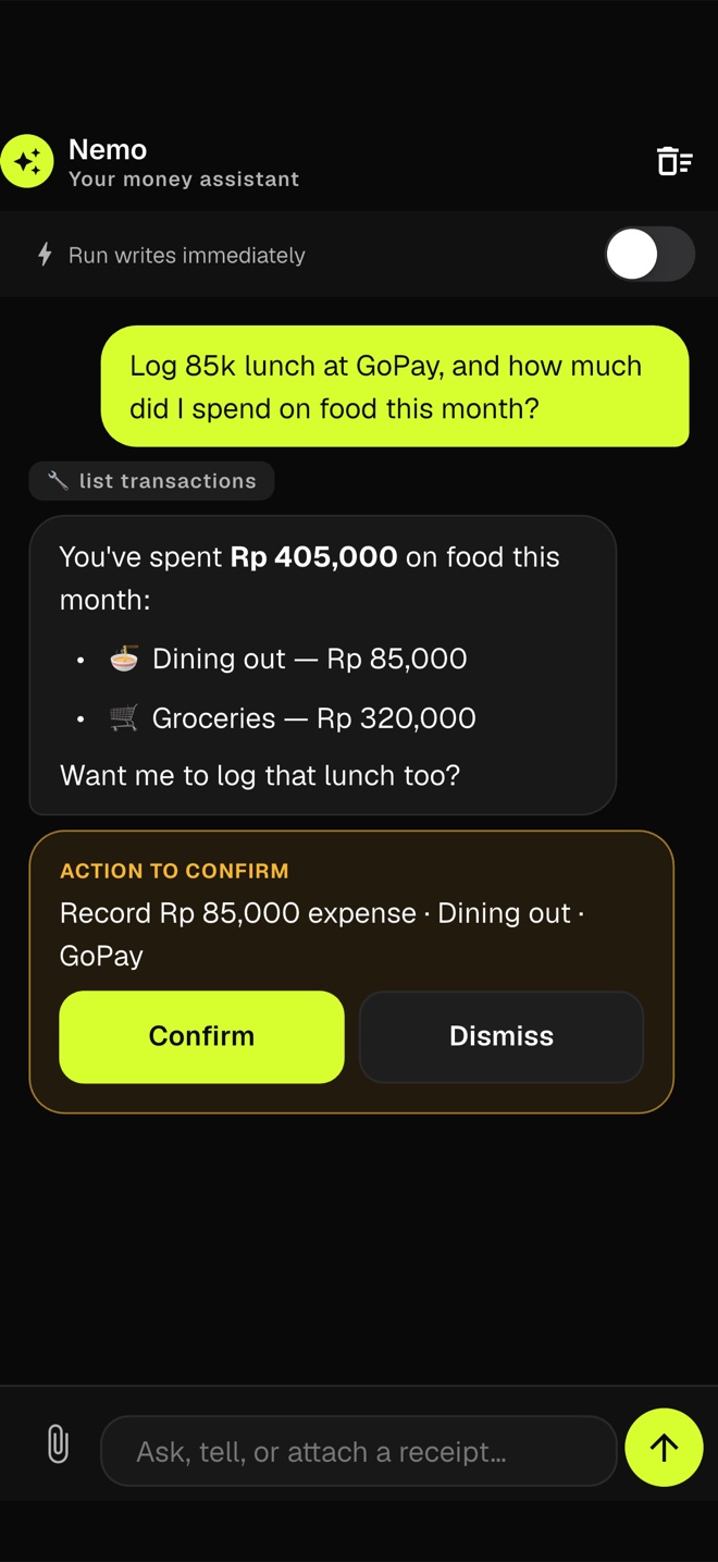 Nemo AI chat: a user asks to log lunch and check food spending; Nemo replies and shows an action to confirm